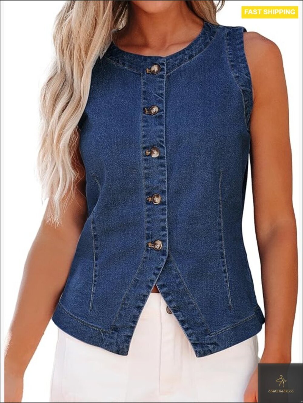 Trendy Sleeveless Denim Vest Button Down Crewneck Casual Summer Waistcoat